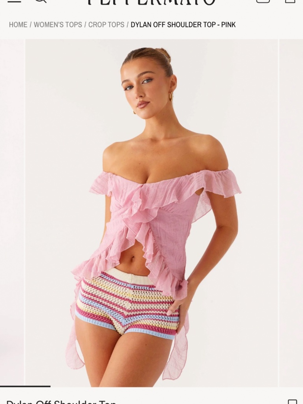 Pepper, mayo, ruffle off the shoulder top